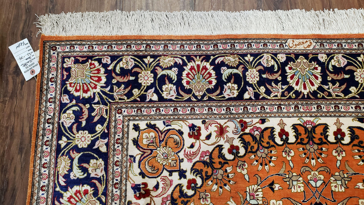 USED Vintage Persian Qum Silk Rug 4.6 x 6.7, Burnt Orange and Navy Blue, Antique Oriental Very Fine Signature Master Weaver 350+ KPSI Ghom Qom 5x7 Rug