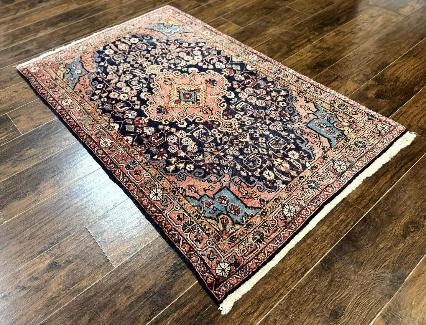 USED Persian Rug 3x5, Jozan Sarouk Rug, Navy Blue and Coral, Medallion Rug, Semi Antique