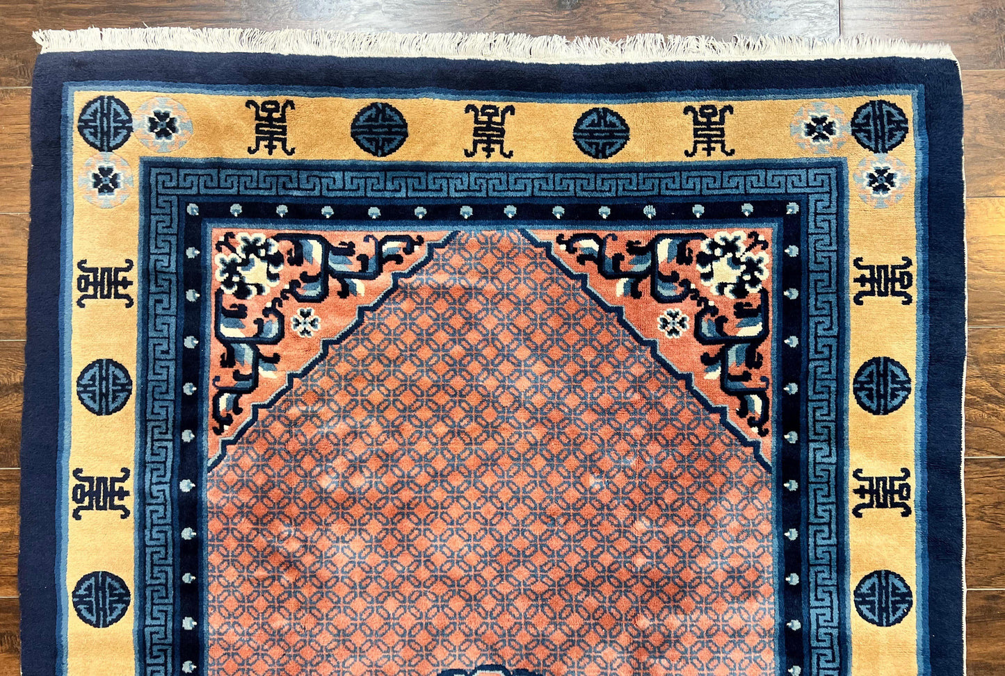 USED Chinese Peking Rug 5x8, Vintage Semi Antique Chinese Art Deco Carpet, Wool Pile Light Red/Salmon Gold Navy Blue, Handmade Asian Oriental Rug