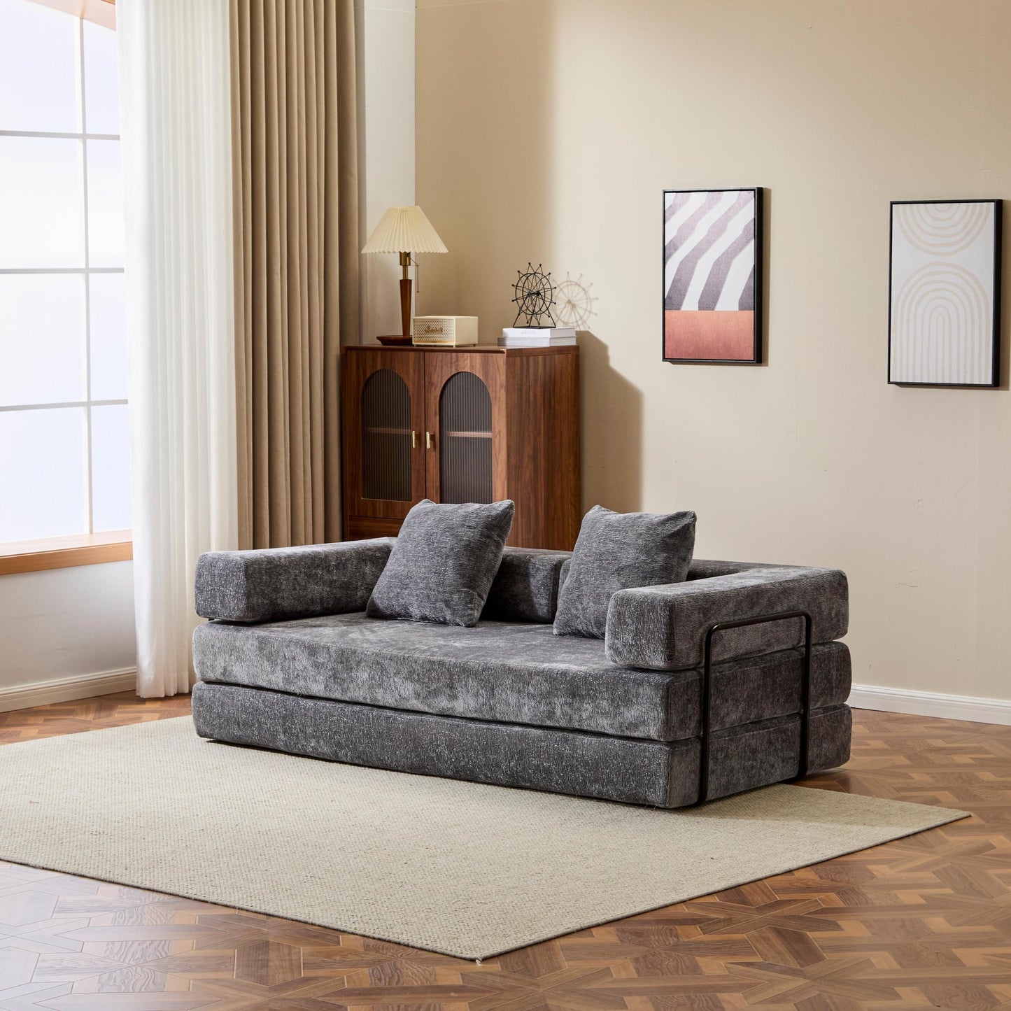 NEW Floor Couch,Compression Sofa,Convertible Floor Sofa Bed-with Pillow Back Support Armrest,Comfy Futon Couch Lounge Sleeper Bed,Chenile fabric,for Living Room Bedroom (DARK-GREY)