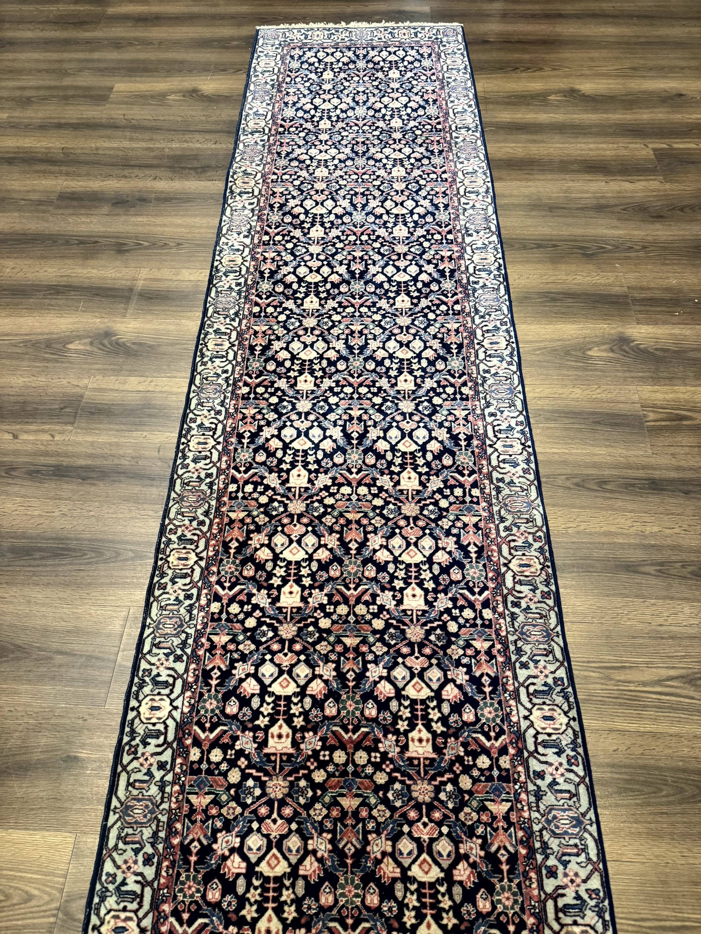 USED Indo Persian Runner Rug 2.8 x 12, Navy Blue, Floral, Fine 270 KPSI