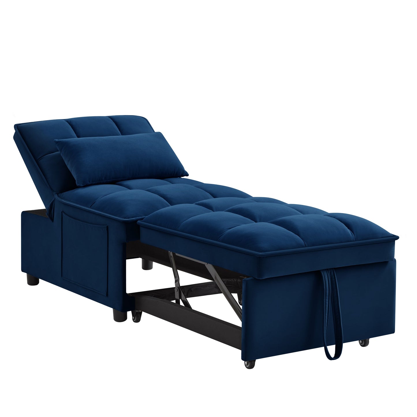 NEW 4 in1 Multi-Function Single Sofa Bed with Storage Pockets,Tufted Single Pull-out Sofa Bed with Adjustable Backrest and Pillows ,Convertible  Chaise Lounge, Navy