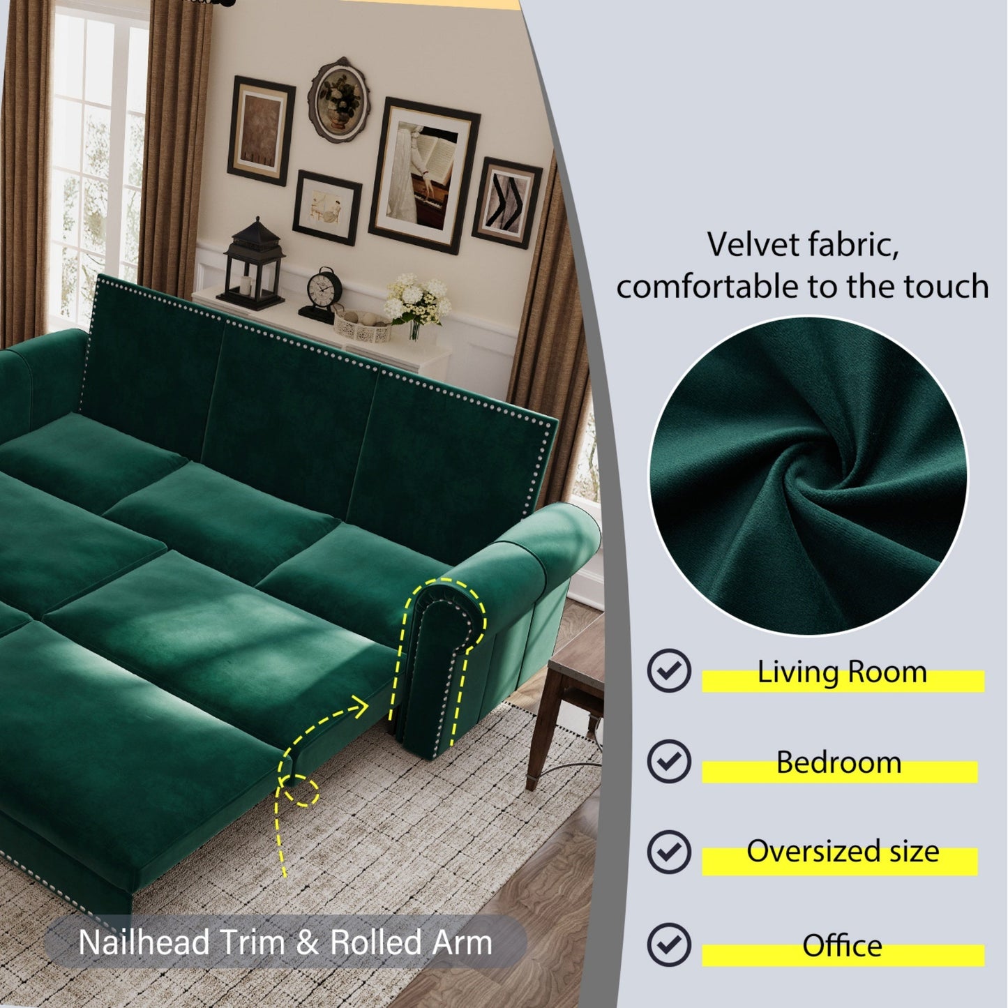 NEW 93.7' Green King 3-in-1 Velvet Convertible Sleeper Pull Out Sofa Bed with Nailhead Trim & Rolled Arm, Multi-Functional Sofa Bed