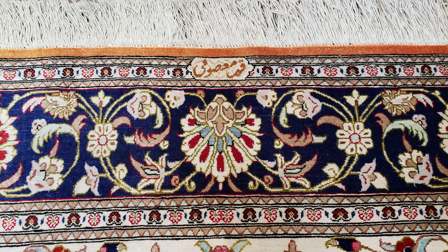 USED Vintage Persian Qum Silk Rug 4.6 x 6.7, Burnt Orange and Navy Blue, Antique Oriental Very Fine Signature Master Weaver 350+ KPSI Ghom Qom 5x7 Rug