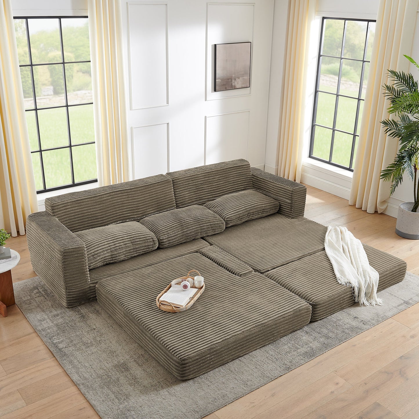 NEW Right sofa seat,L shape Modular Sectional Sofa, Compressed Sectional Sofa Modern Minimalist Style Corduroy Couch,Unfold into a bed, Bedroom, Comfy Compressed Sofa Couch Space-Efficient Design-Brown