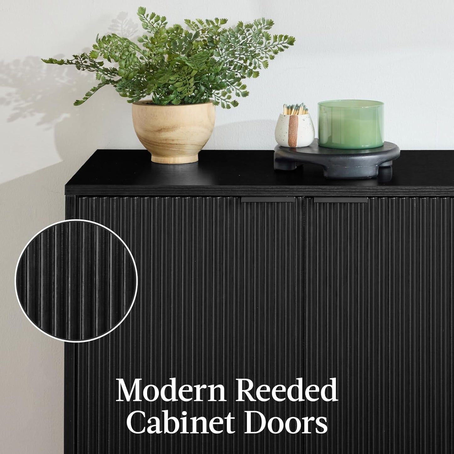 NEW Black Two Door Modern Entryway Storage Cabinet Reeded Doors