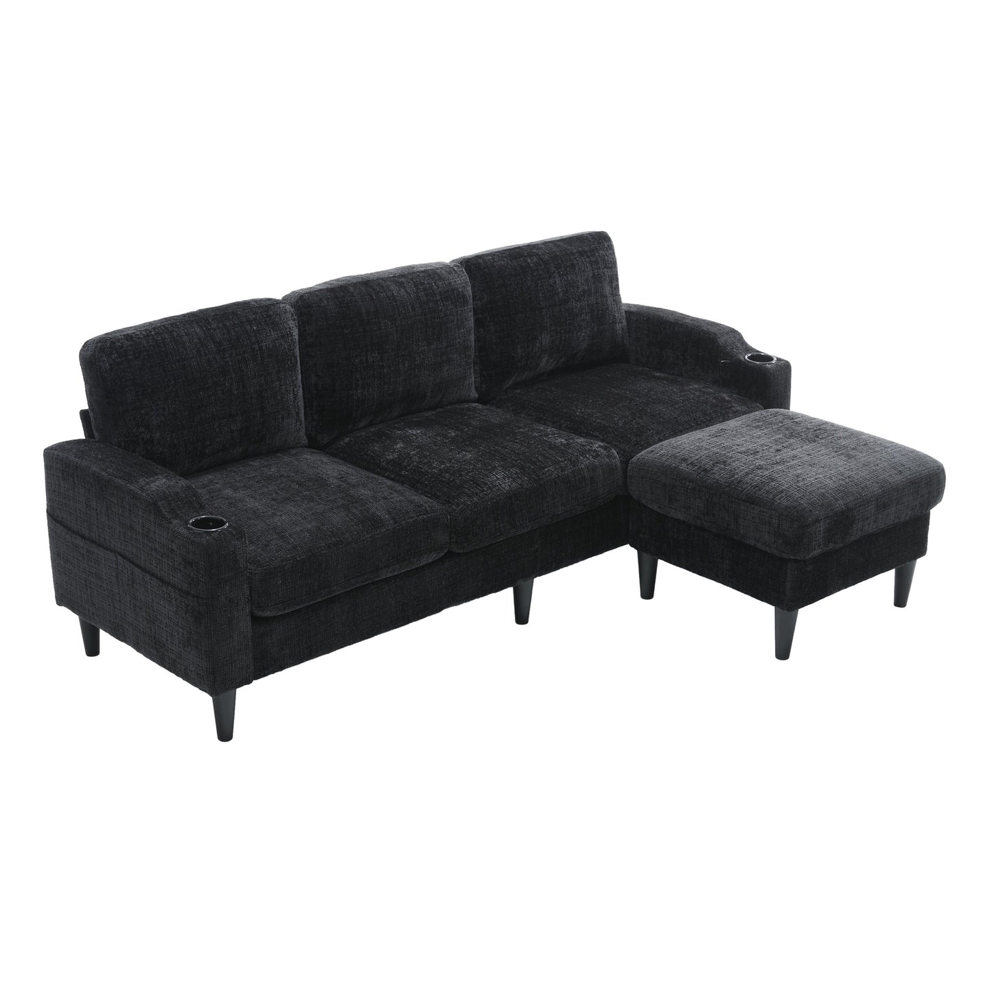 UNITED  WE WIN Sofa for three, solid wood frame, Chenille fabric, side pocket, with two cup holders, footstool with storagestorage sofa /Living room sofa cozy sectional  sofa