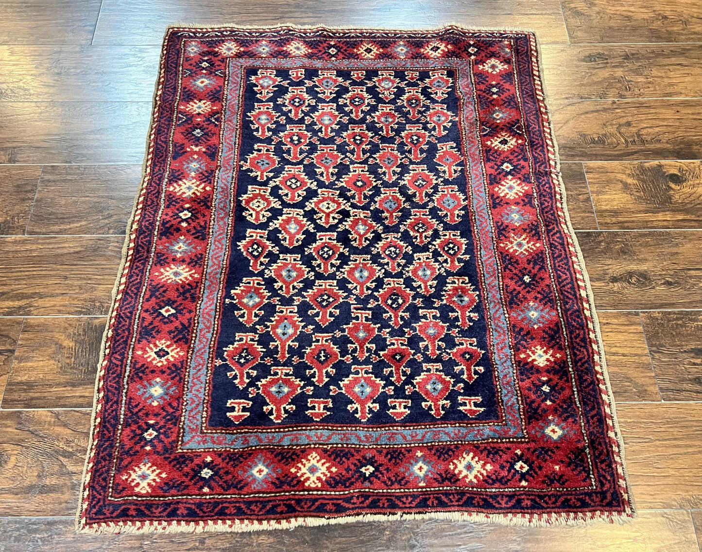 USED Turkish Sparta Rug 3x4, Allover Pattern, Navy Blue and Red, Antique Ispara Oriental Carpet 3 x 4, Small Turkish Handmade Vintage Wool Rug