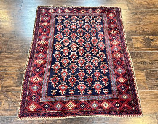 USED Turkish Sparta Rug 3x4, Allover Pattern, Navy Blue and Red, Antique Ispara Oriental Carpet 3 x 4, Small Turkish Handmade Vintage Wool Rug