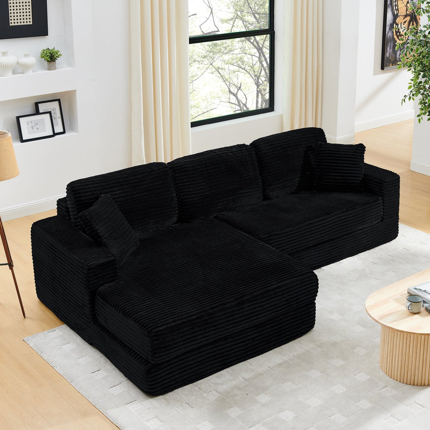 NEW Modern Minimalist L-Shape Modular Sectional Sofa Bed with Corduroy Fabric in Black