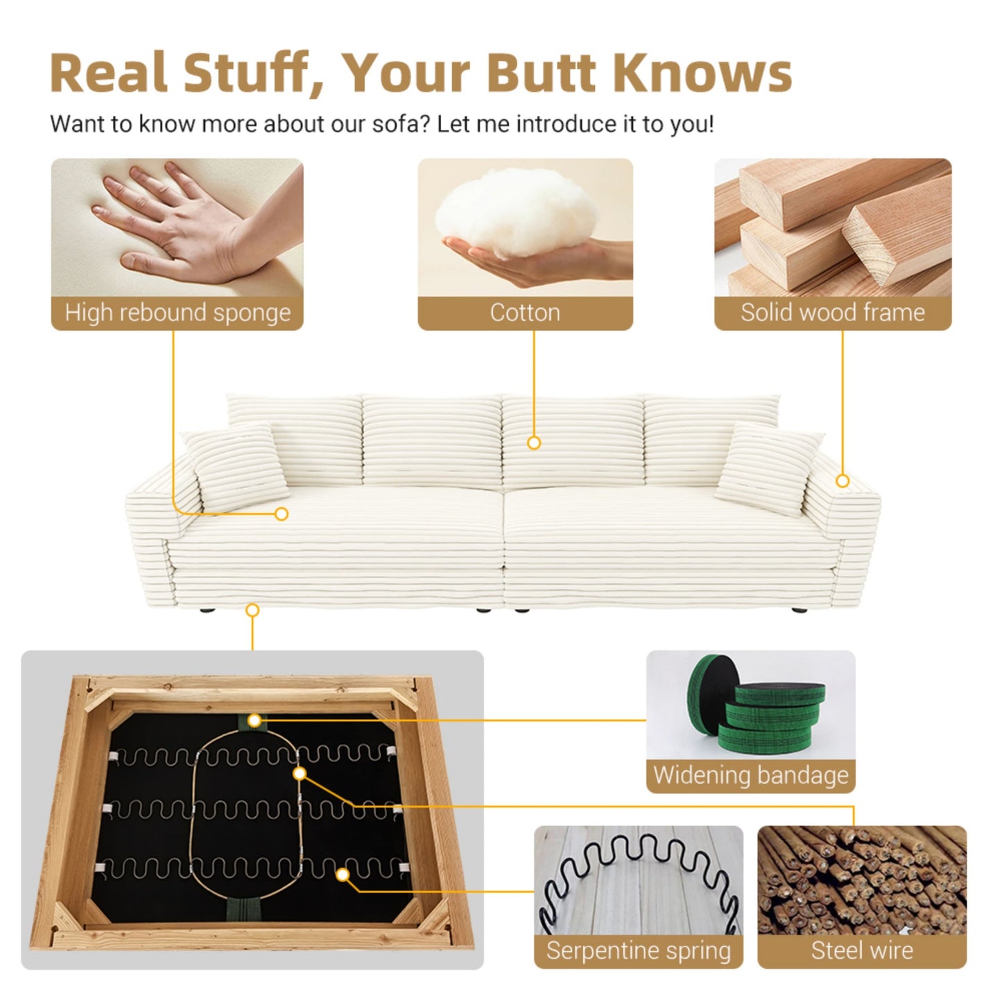 NEW 104.3' Modern 4-Seat  Beige Comfy Upholstered Plush Corduroy Sofa