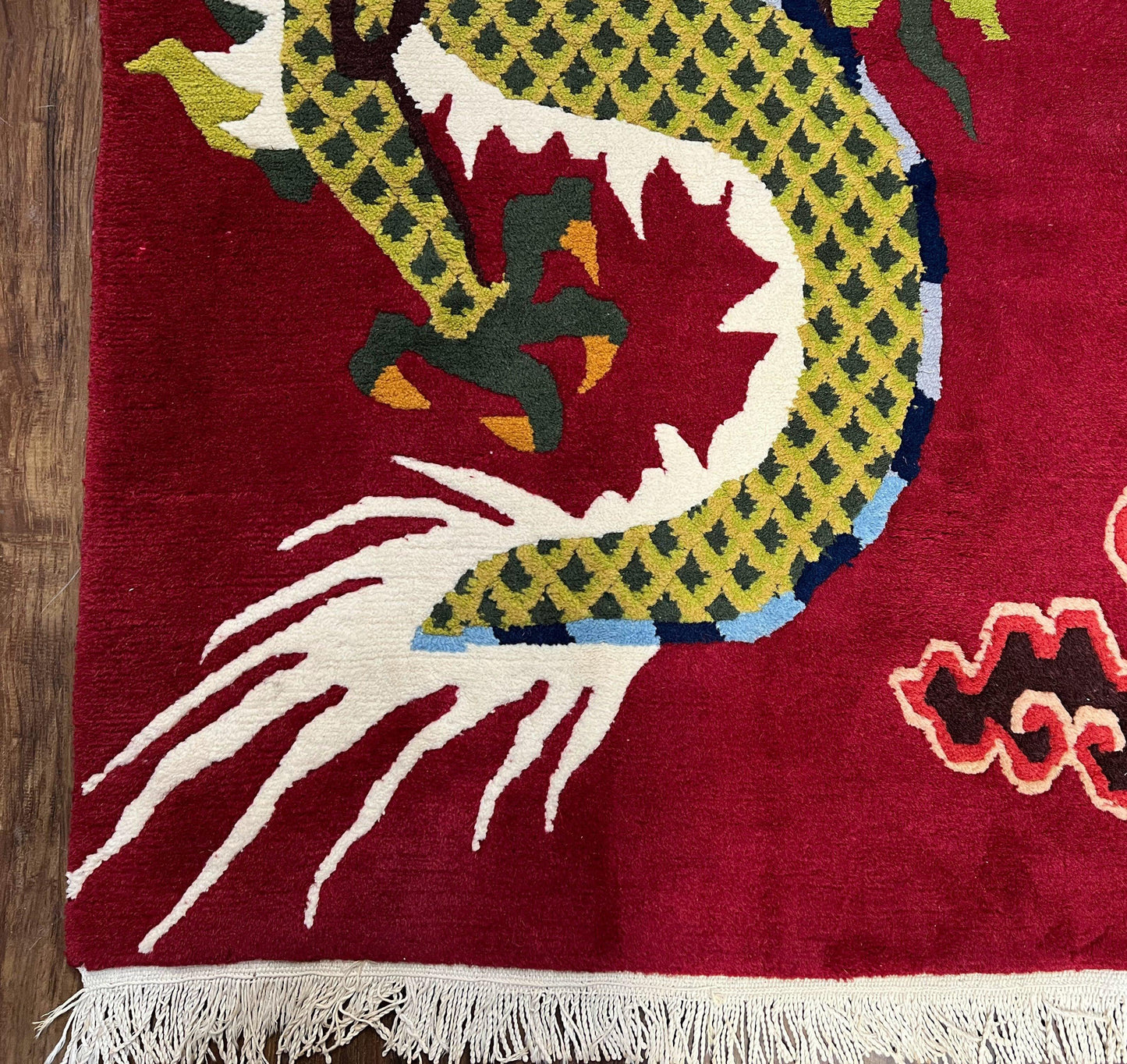 USED Vintage Chinese Dragon Rug 3 x 6.8, Handmade Hand Knotted Red Chinese Carpet with Gold Dragon, Art Deco Peking Soft Chinese Rug Runner