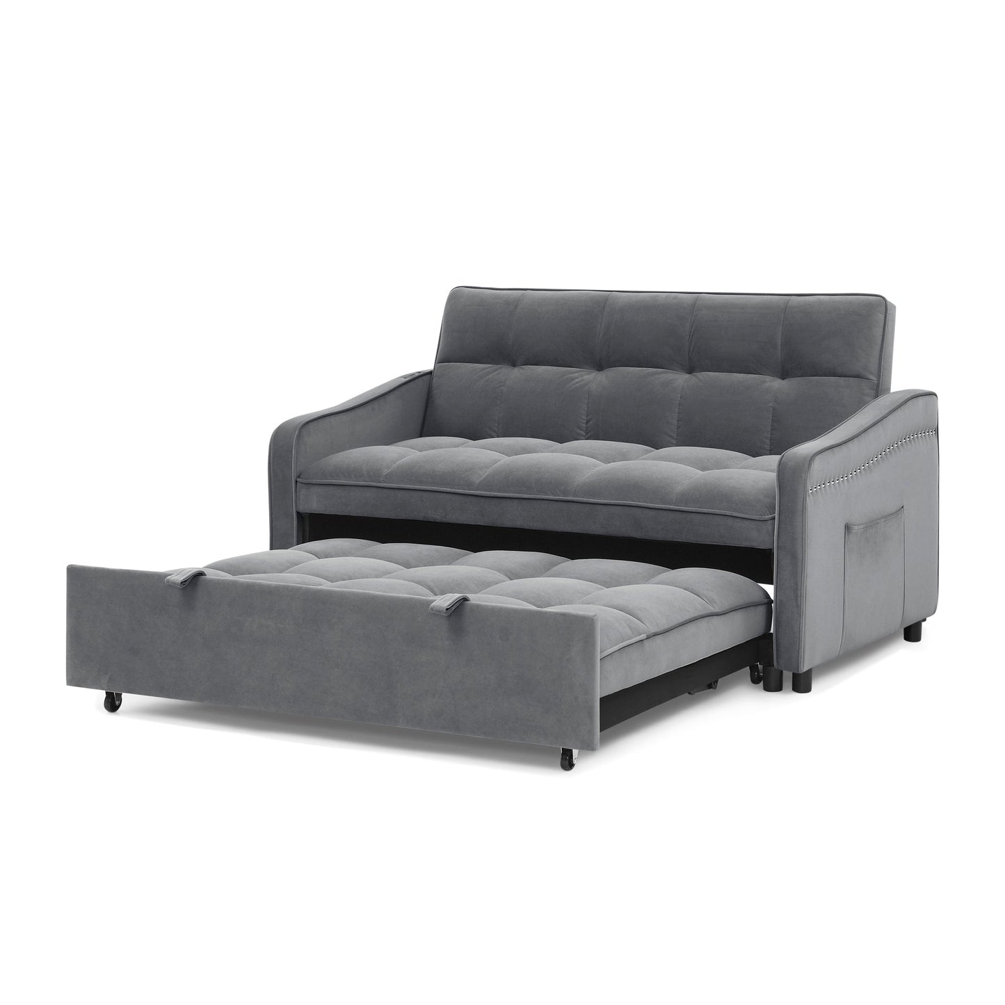 NEW Grey Copper Nail Loveseat Sofa Bed with Pull-out Bed Adjustable Back and Two Arm Pocket TypeC USB Charging