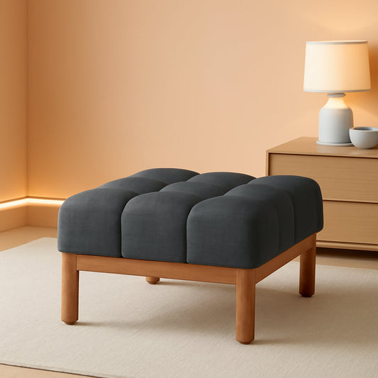 NEW Modern Gray Fabric Ottoman With Walnut Finish WoodFrame
