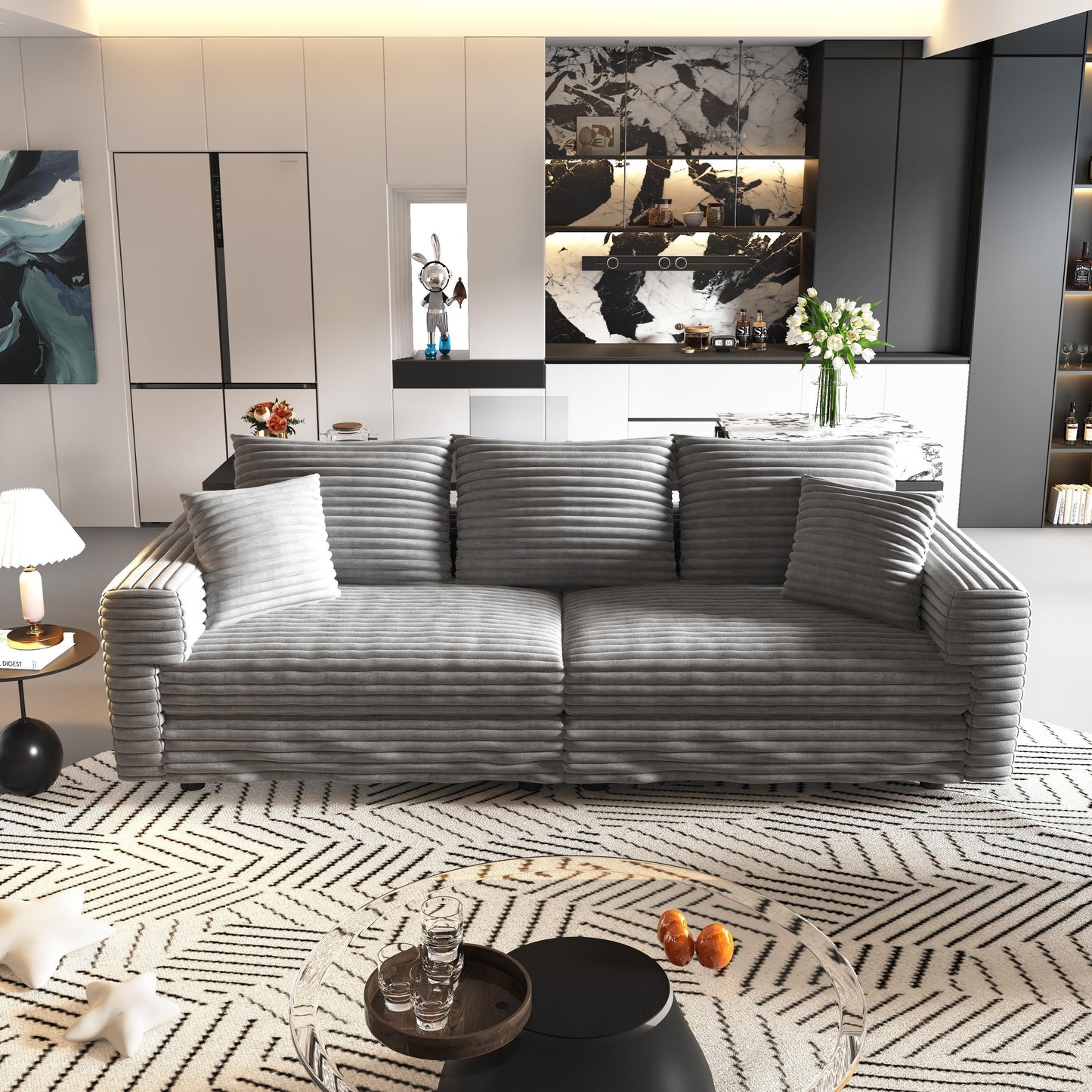 NEW 82.7’ Modern Plush Grey Corduroy Comfy Upholstered 3-Seat Sofa Deep Seat Couch