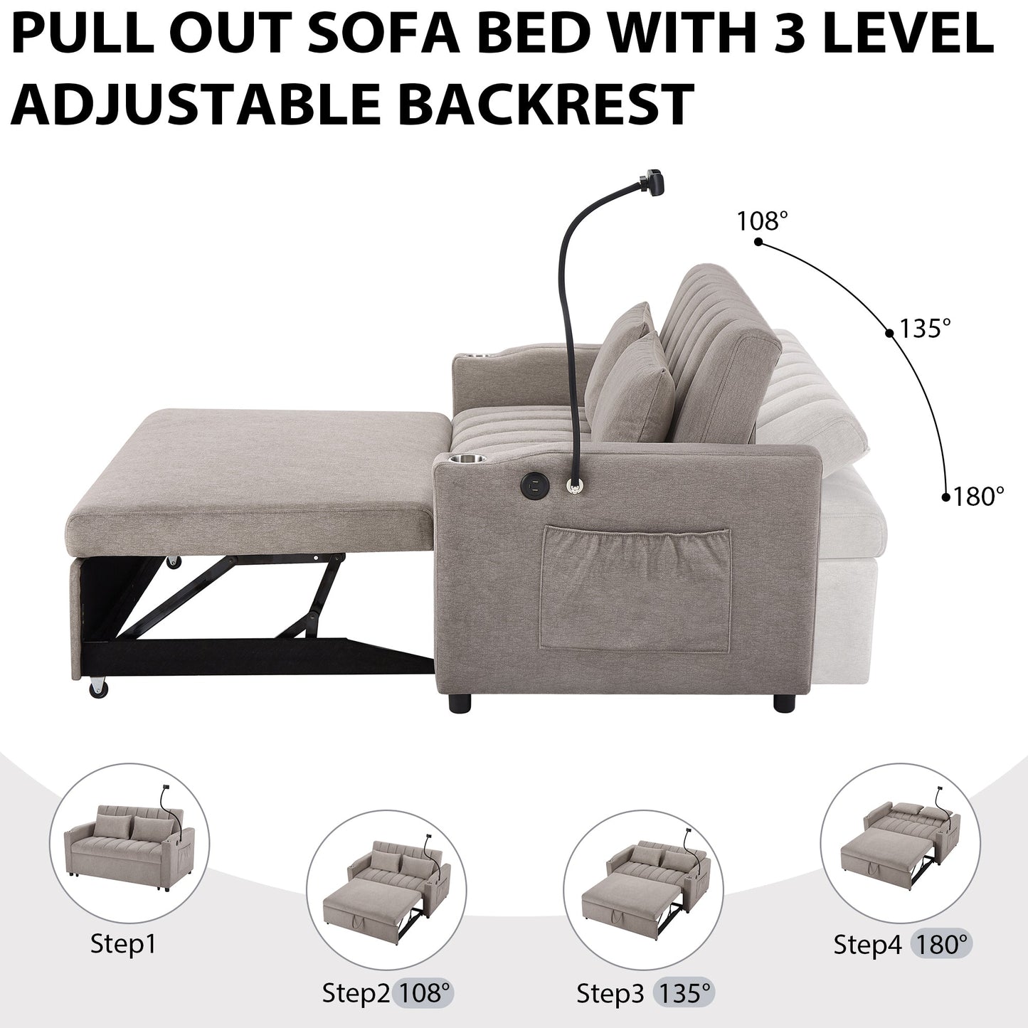 NEW Convertible Sofa Bed Loveseat with USB Ports, Side Pockets, Cup Holders & Swivel Phone Holder, Light Grey Bella Fabric