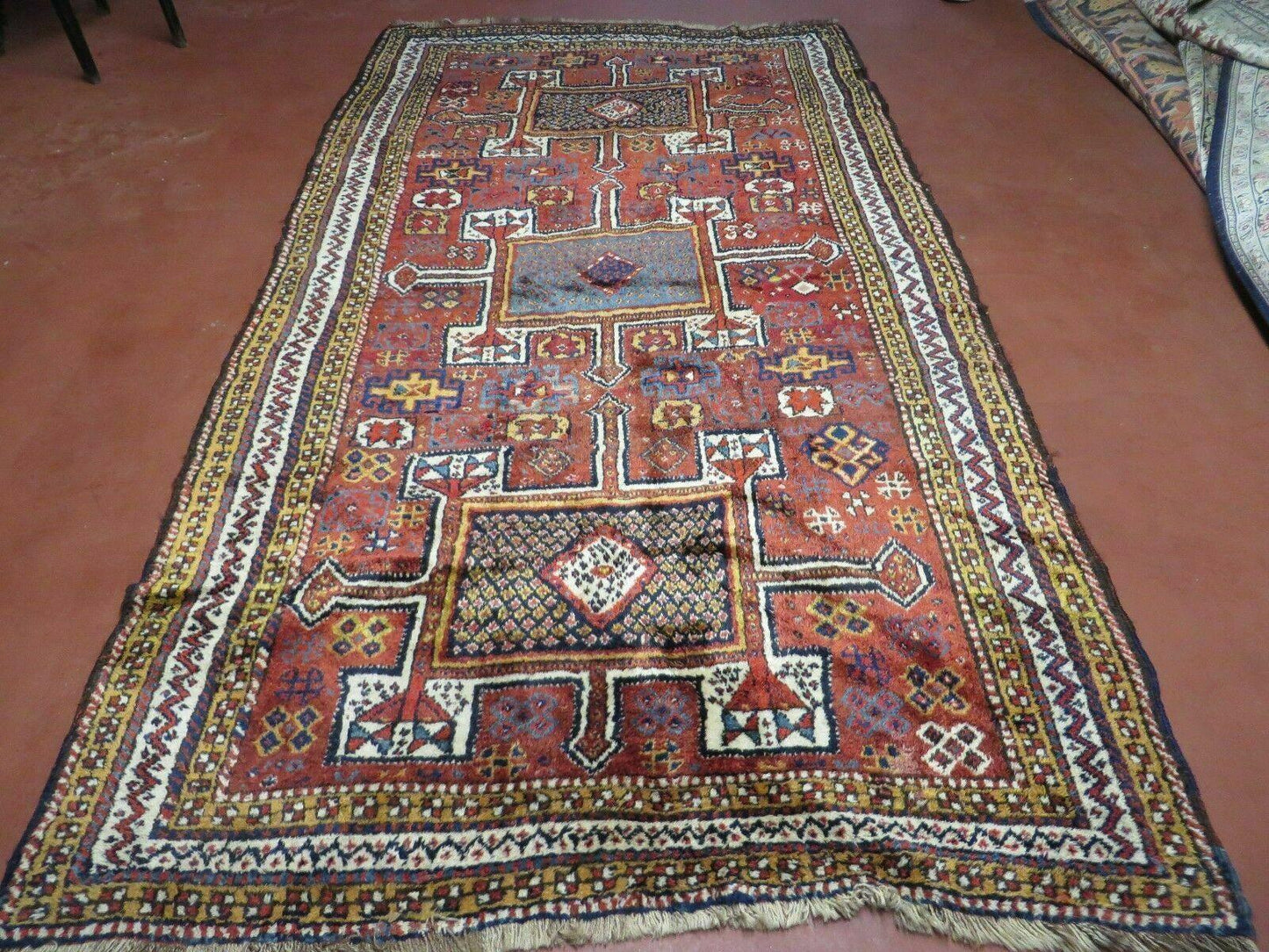 USED Antique Moroccan Runner Rug 4x9, Wide Runner, Hand Knotted Tribal Oriental Carpet, Hallway Rug, Geometric Medallions, Red, Bohemian Rug Nice