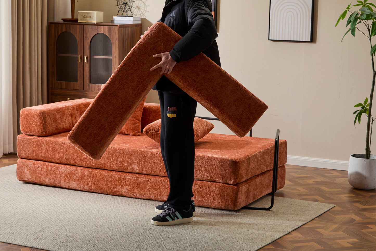 NEW Orange Chenille Fabric Comfy Futon Couch Lounge Sleeper Compression Convertible Floor Sofa Bed Couch with Pillow Back Support Armrest Bed