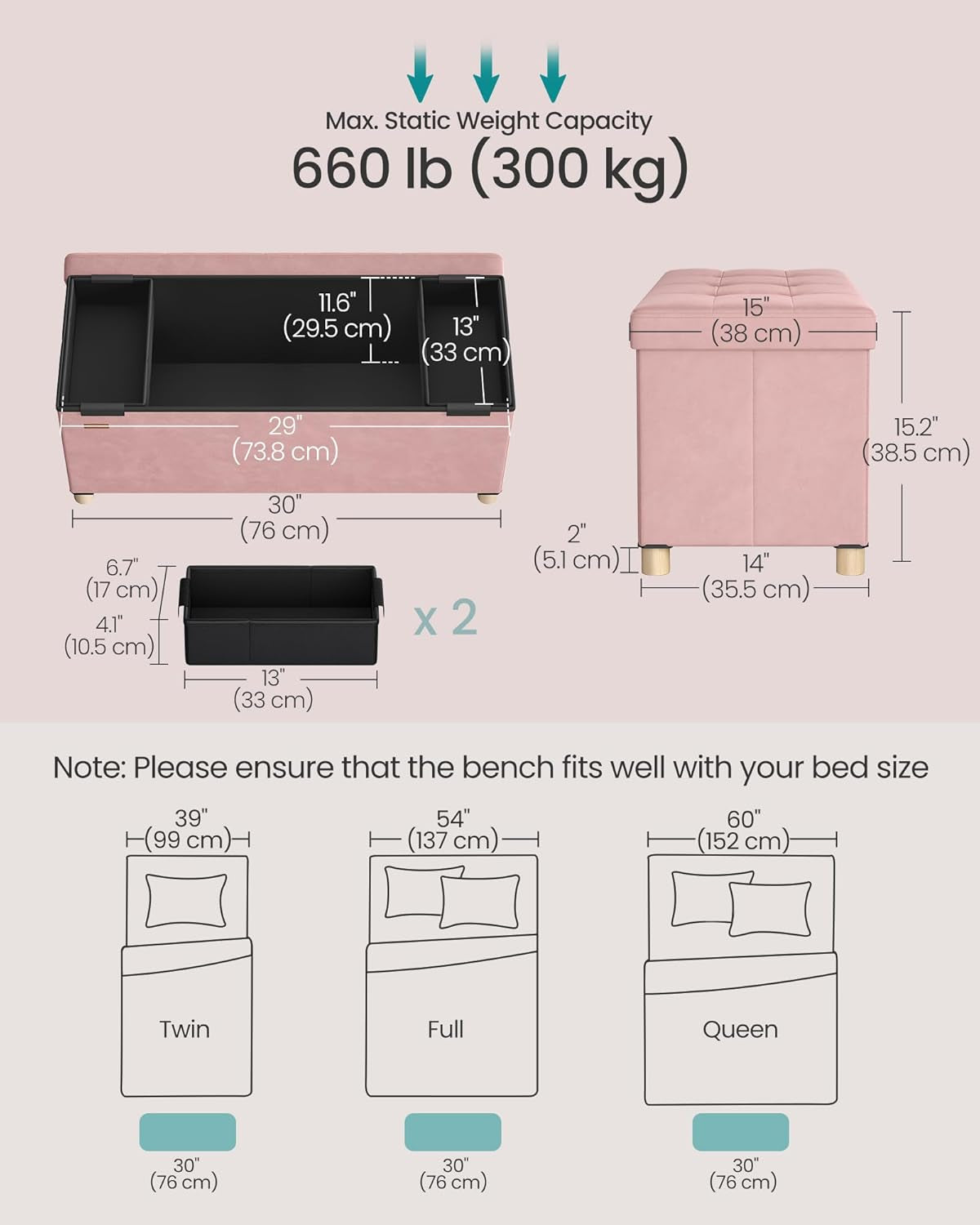 NEW Jelly Pink Velvet Storage Ottoman Bench 15x30 Inches