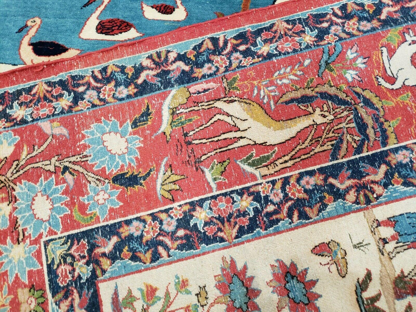 USED Antique Persian Isfahan Rug 5x7, Animal and Human Pictorials, Hand Knotted Fine Oriental Wool Carpet, Cream and Red, High KPSI, Vintage Rug 5 x 7 ft