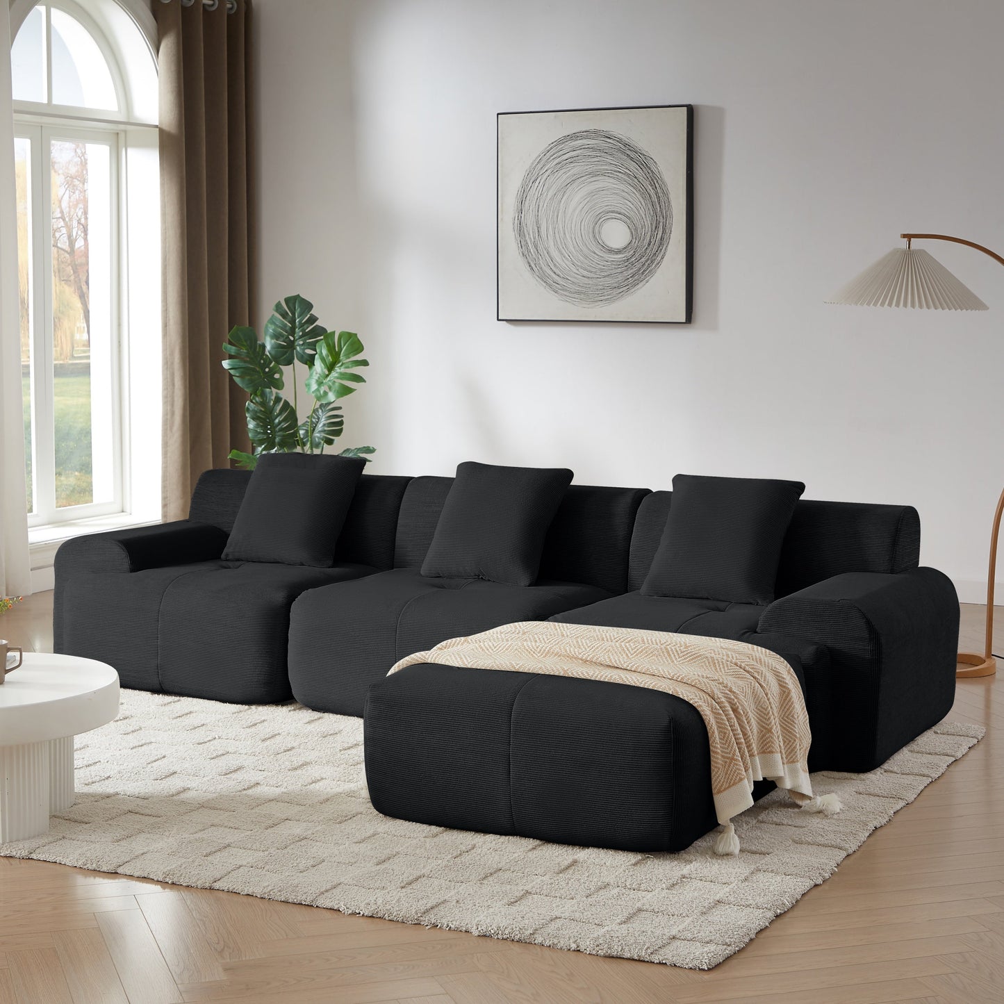 NEW Modern L-Shaped Modular Sectional Sofa in Black Corduroy 113' Oversized 3-Seater Couch with Deep Seat and Movable Ottoman
