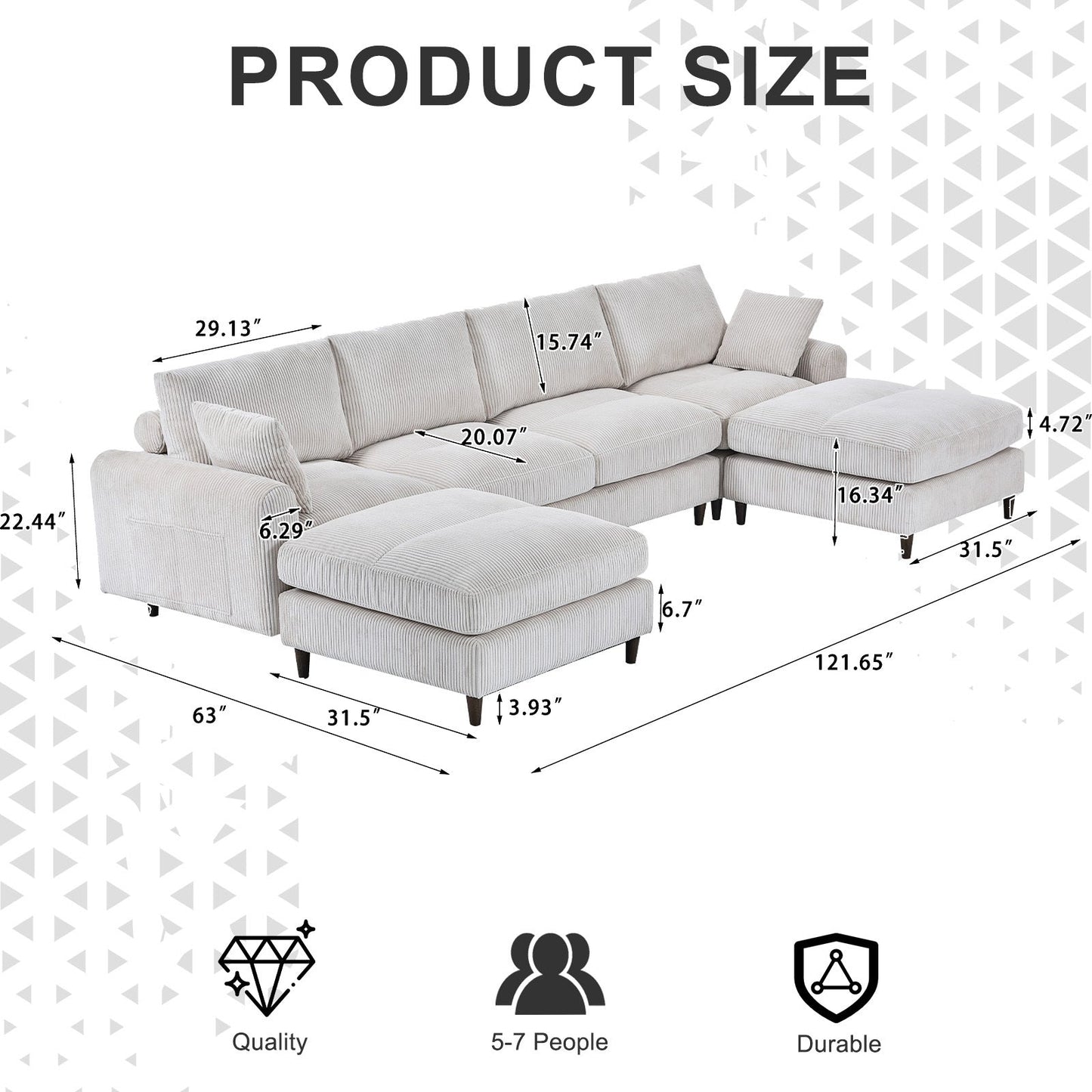 NEW Modern White Corduroy Modular Oversized U-shaped Convertible L-shaped Sectional Sofa Set with Pillow and Footstool