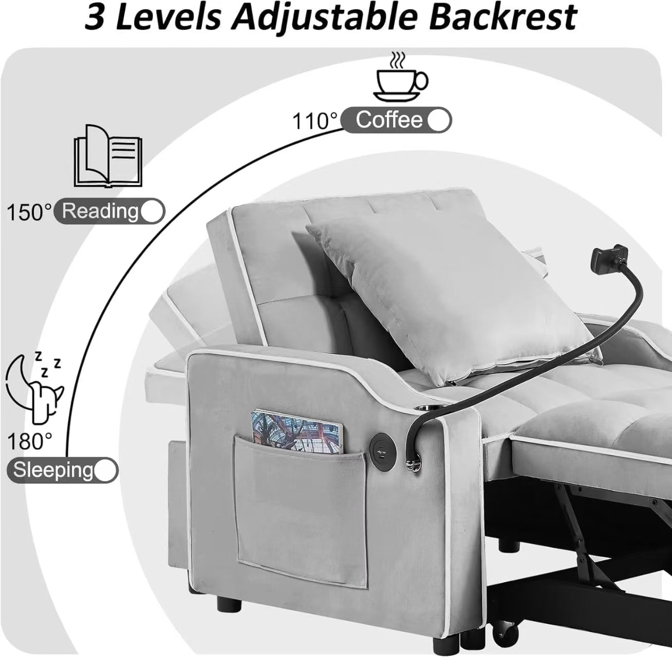 NEW Sofa bed chair 3 in 1 convertible, recliner, single recliner, suitable for small Spaces with adjustable back black  dark grey