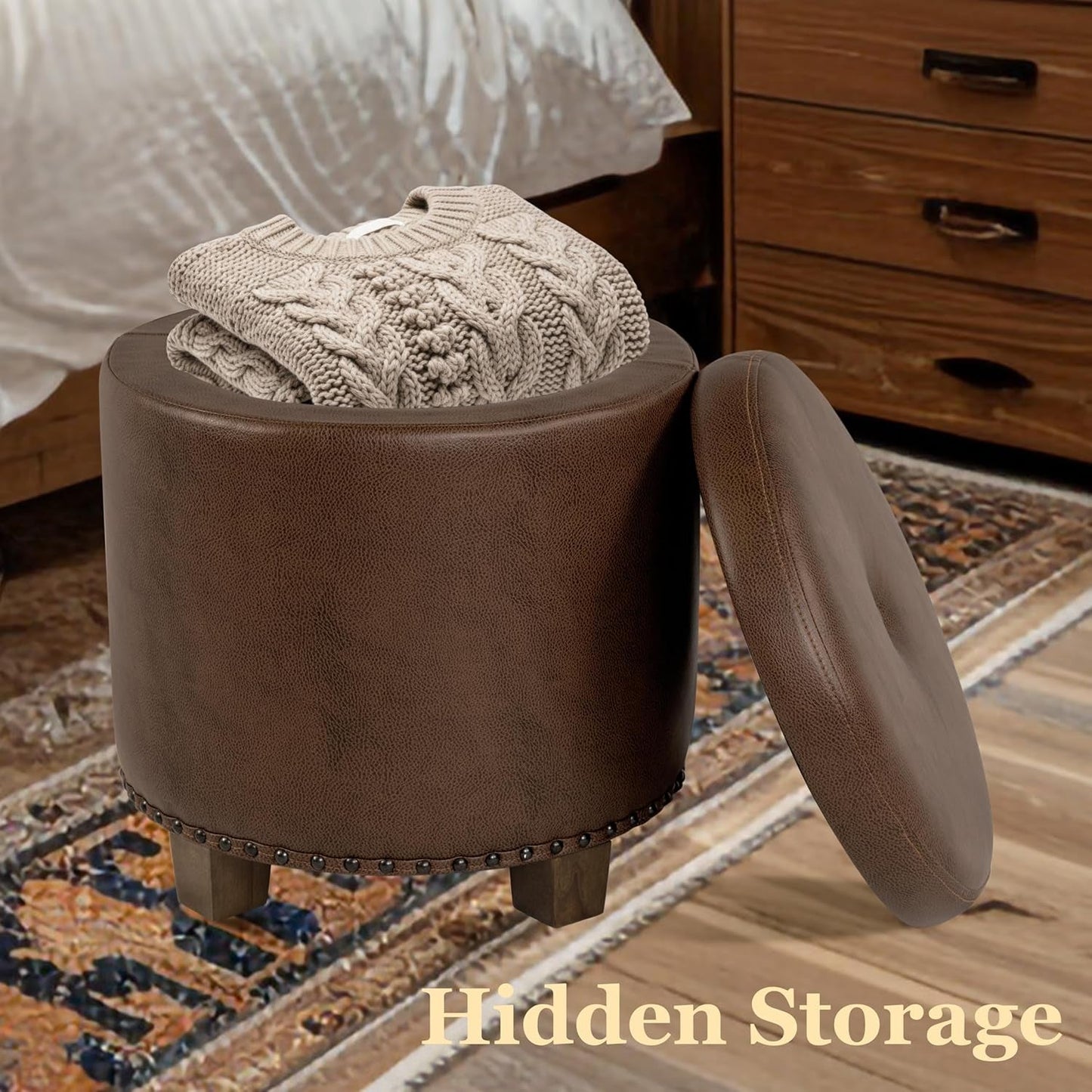 NEW Round Storage Ottoman With Nailhead-Trim Brown Faux Leather