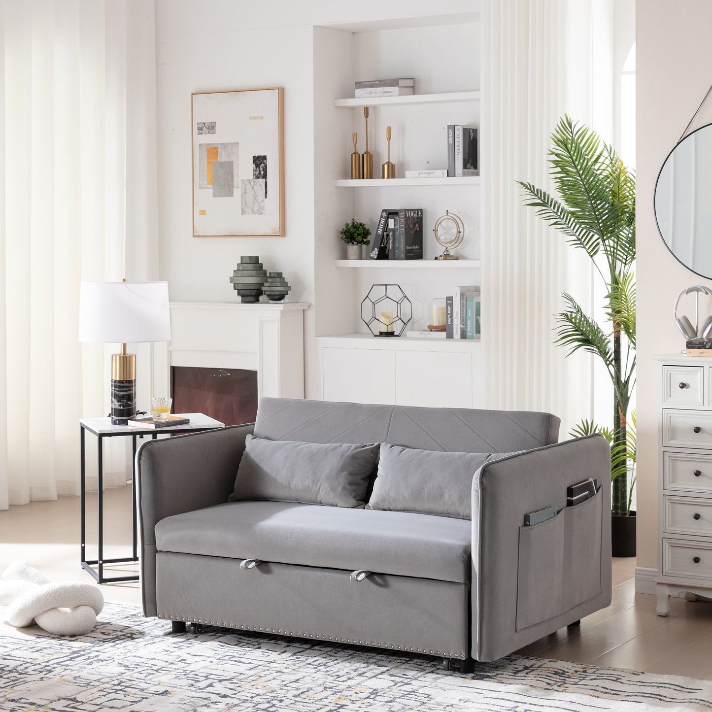 NEW 3 in 1 Pull-Out Convertible Sleeper Futon Sofa Bed 55' Velvet Small Loveseat Lounge Couch with 2 Pillows Reclining Backrest and Side Pockets