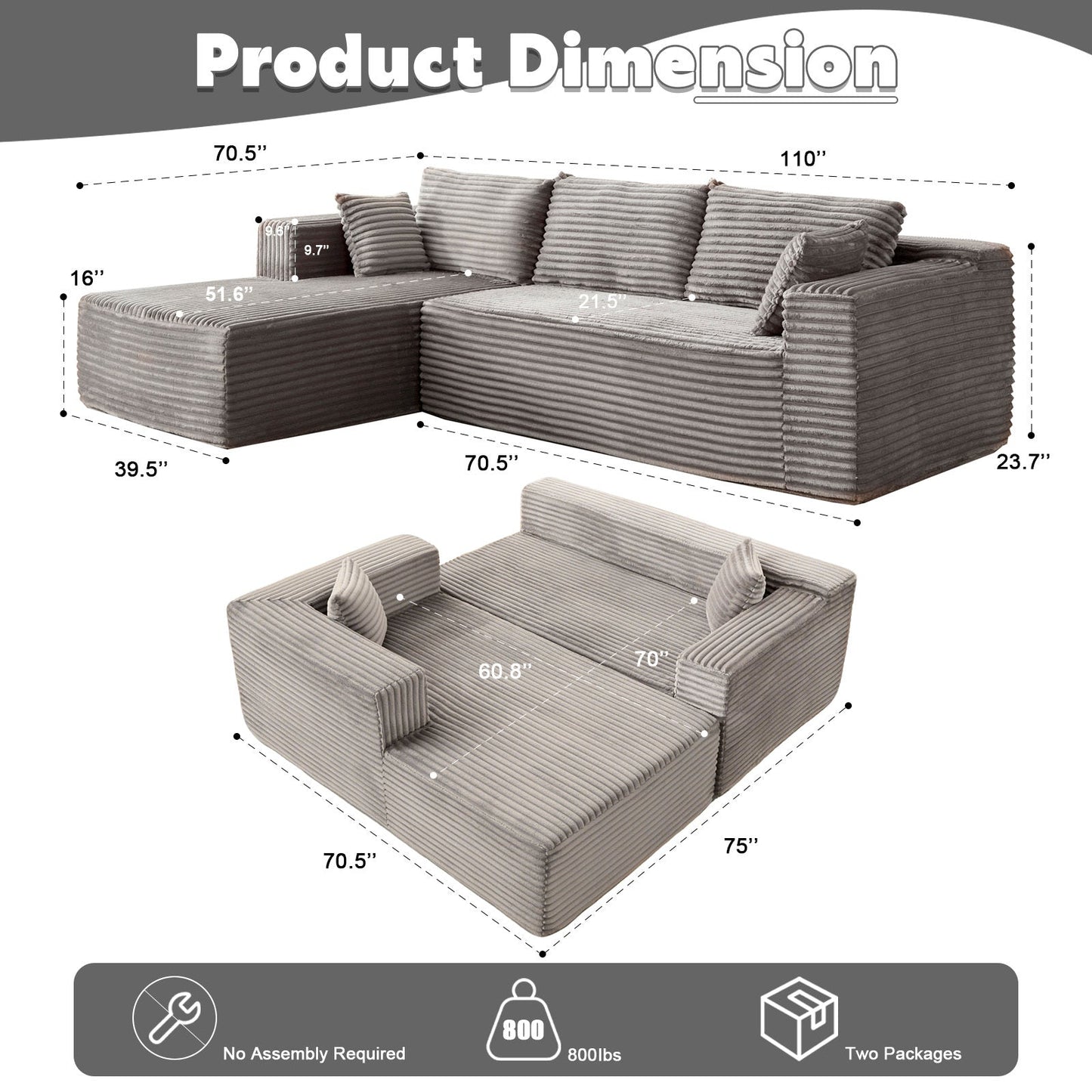 NEW Grey Compression Sectional Couch Boneless L Shape Sofa
