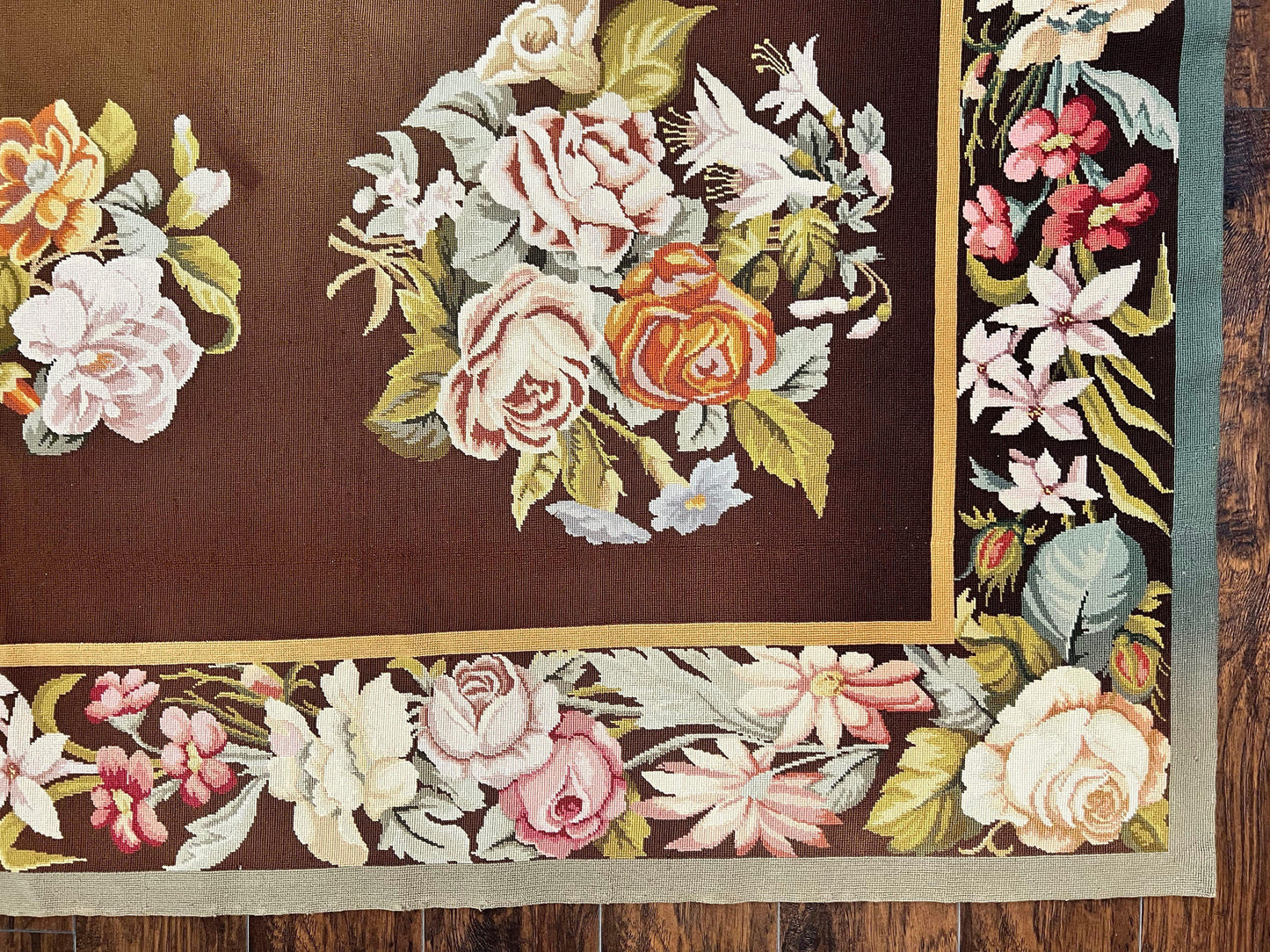 USED Vintage Needlepoint Rug 9x12, Large Handmade Hand-woven Needlepoint Carpet, Brown Area Rug, Floral Bouquets, Wool Rug, European Design