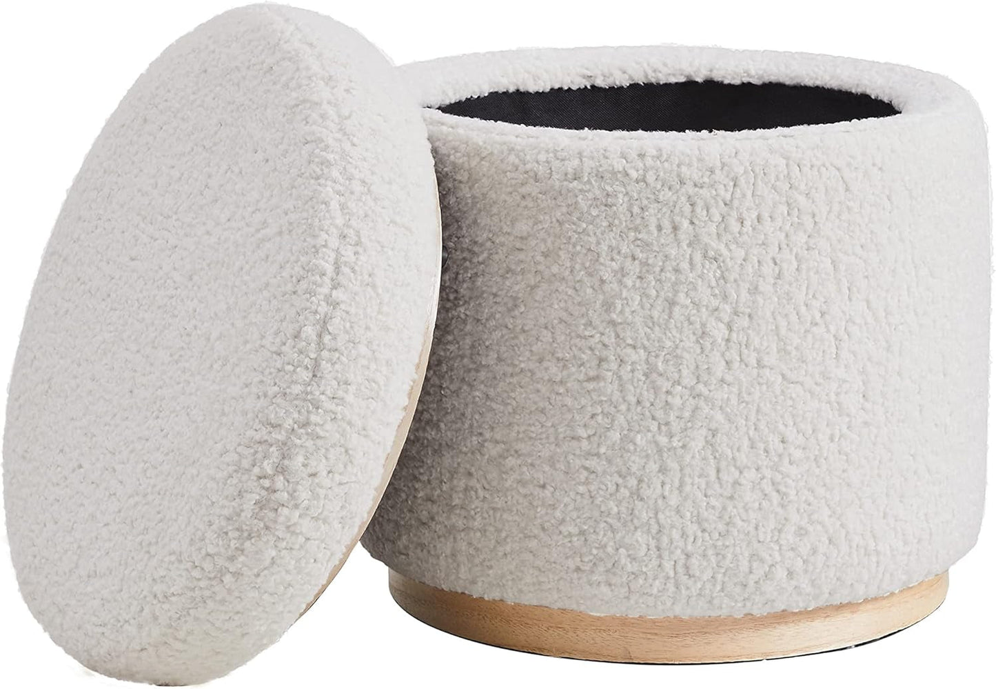 NEW Cream Sherpa Deluxe Storage Ottoman Solidwood Base
