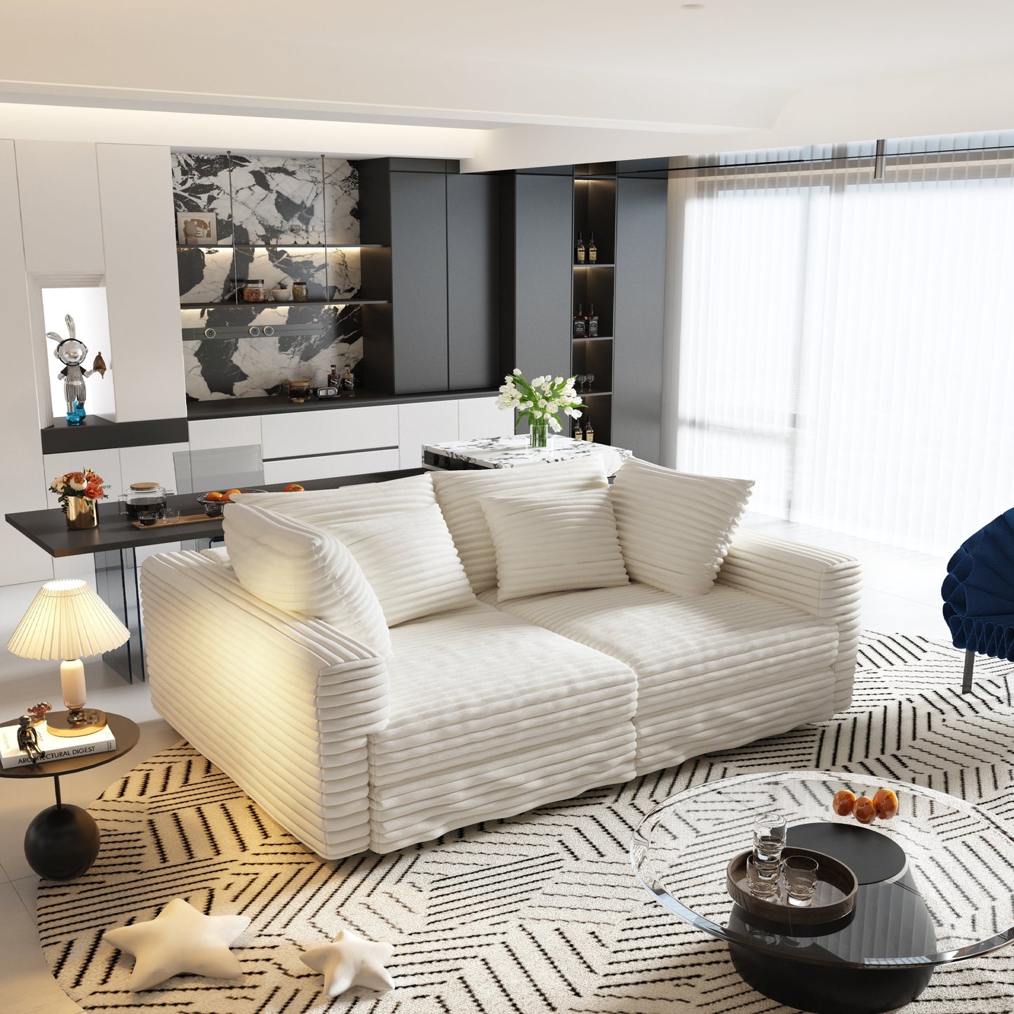 NEW 104.3' Modern 4-Seat  Beige Comfy Upholstered Plush Corduroy Sofa