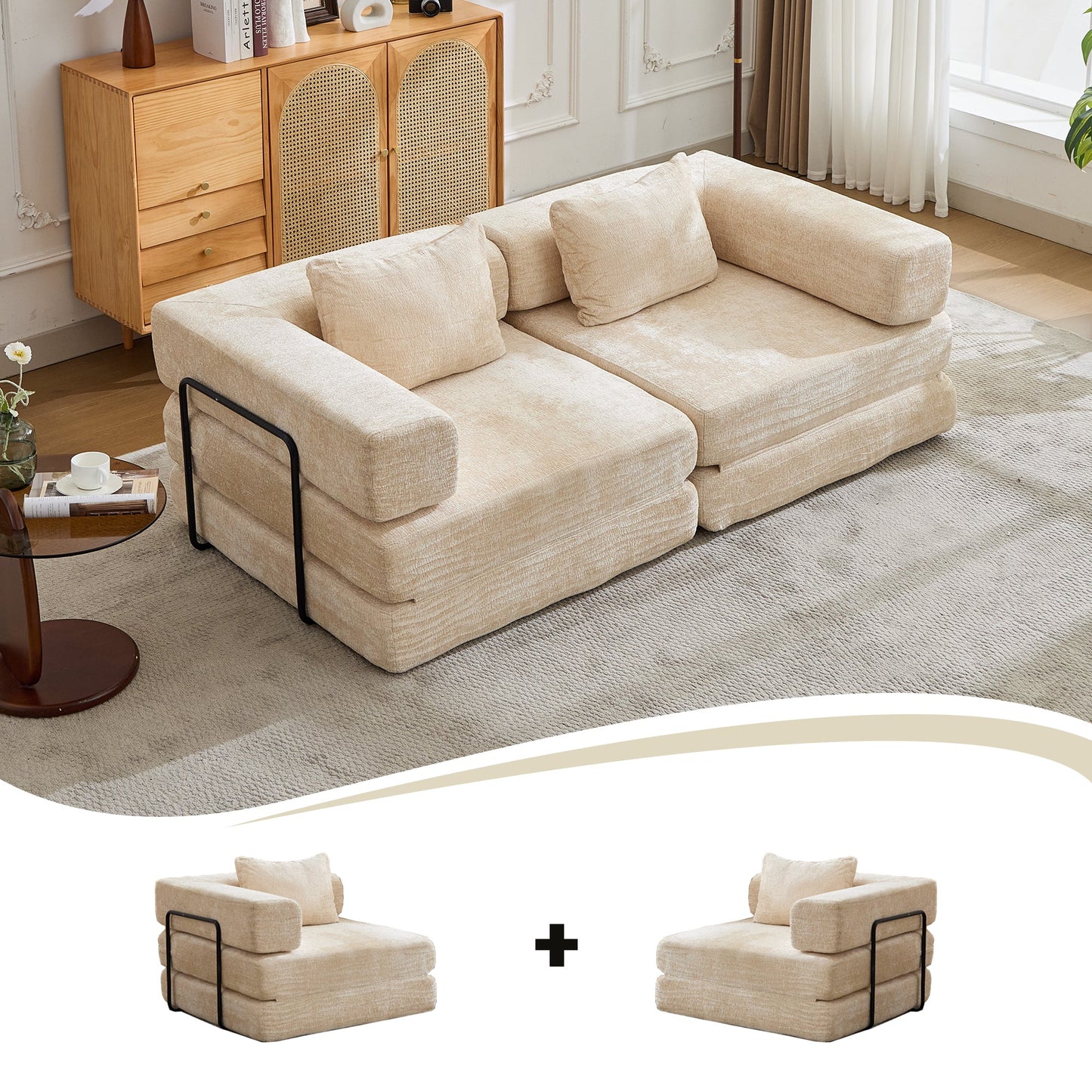 NEW Compression Convertible Floor Fixed-Shape Frame Loveseats Boneless Modular Sectional Sofa Bed in Beige Chenille Fabric