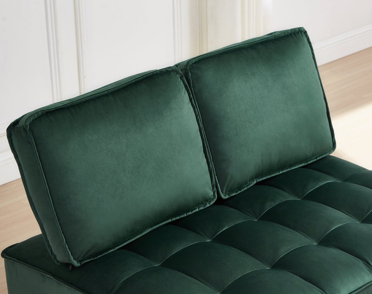 NEW Convertible Modern Green Velvet Fabric Double Seat Loveseat Sleeper Sofa Bed with 2 Detachable Backs
