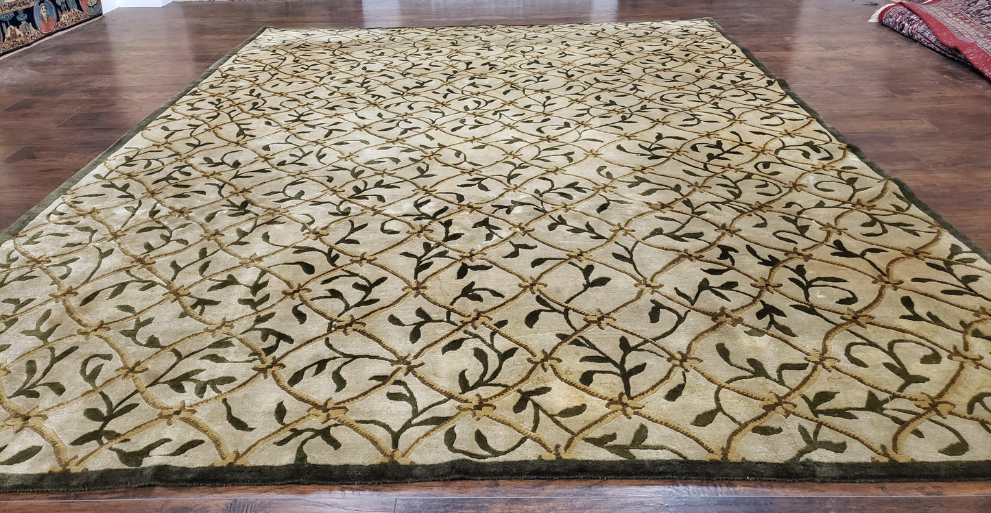 USED Vintage Tibetan Nepalese Area Rug 9x12, Wool Hand-Knotted, Beige Nepali Soft Pile Carpet, 9 x 12 Living Room Modern Dining Room Rug