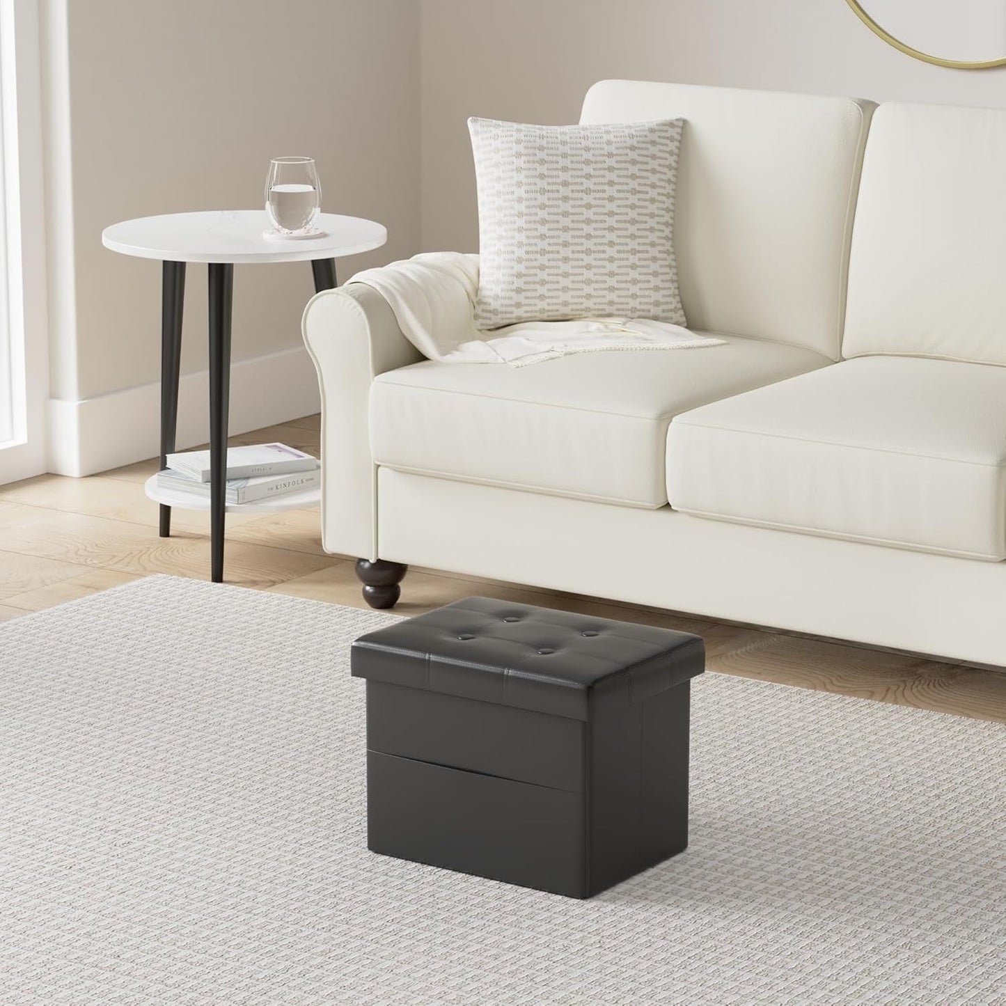 NEW Black Folding Storage Ottoman With Side Pocket