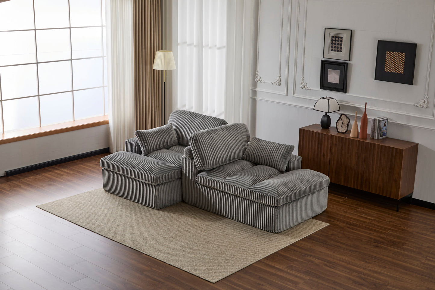 NEW Indoor Grey Corduroy Oversized Upholstered Double Chaise Lounge Chair Oversized Upholstered Sleeper Cloud Couch Deep Seat Luxury Sectional Sofa Bed Chaise Lounge