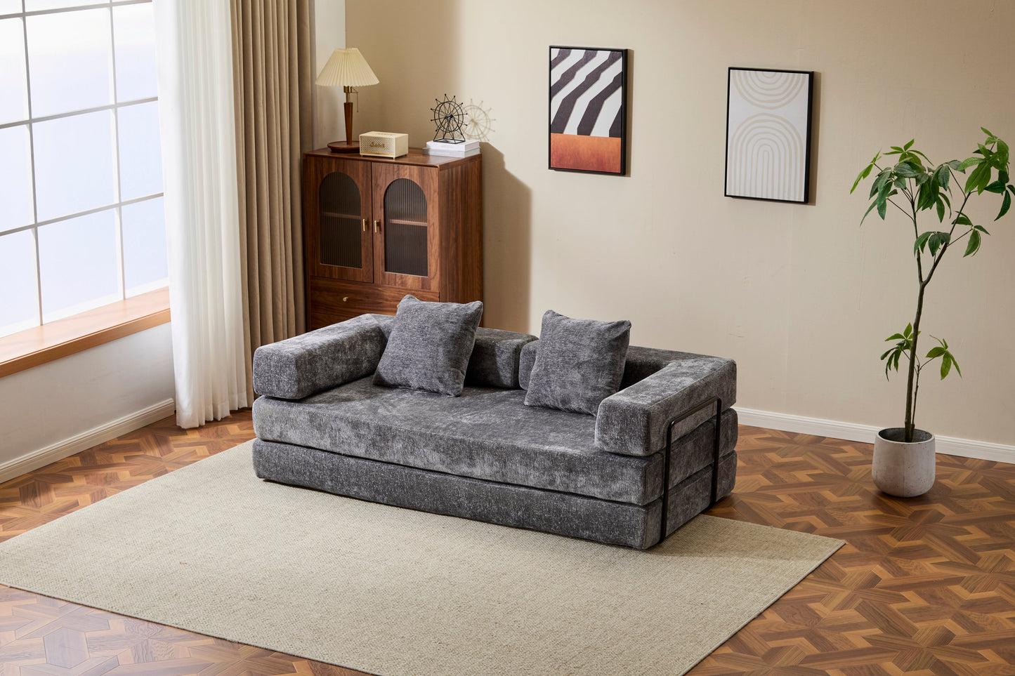 NEW Floor Couch,Compression Sofa,Convertible Floor Sofa Bed-with Pillow Back Support Armrest,Comfy Futon Couch Lounge Sleeper Bed,Chenile fabric,for Living Room Bedroom (DARK-GREY)