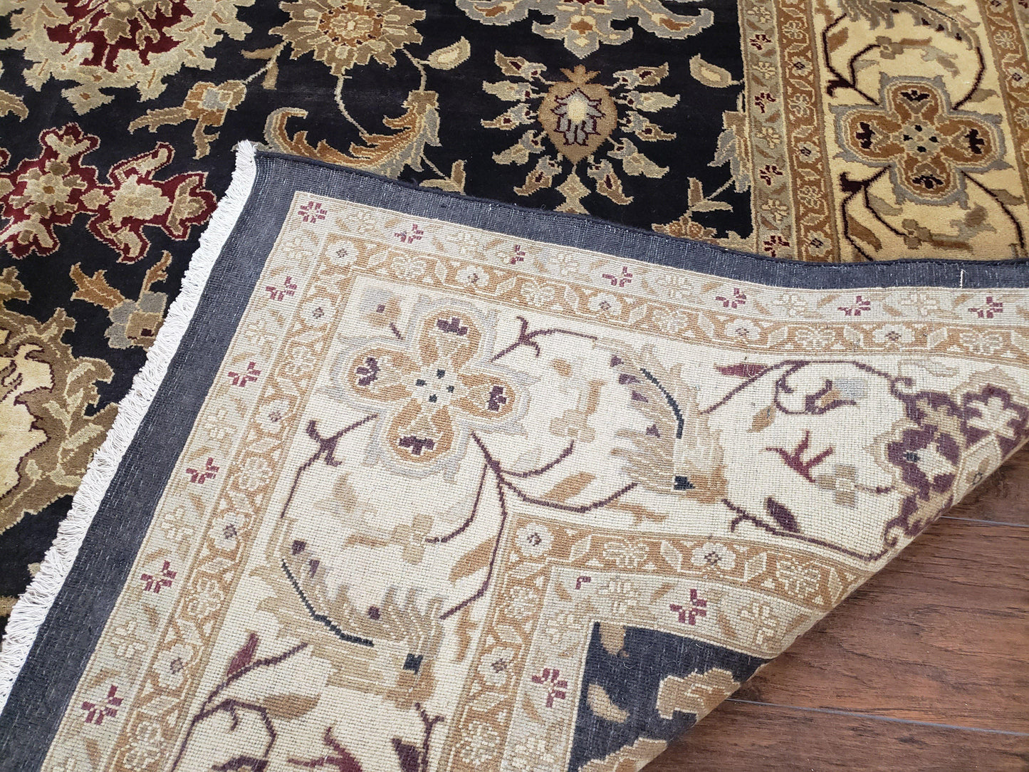 USED Indo Mahal Rug 8x12, Indian Sultanabad Handmade Area Rug, Vintage Hand-Knotted Wool Black Floral Traditional Oriental Dinning Room Rug