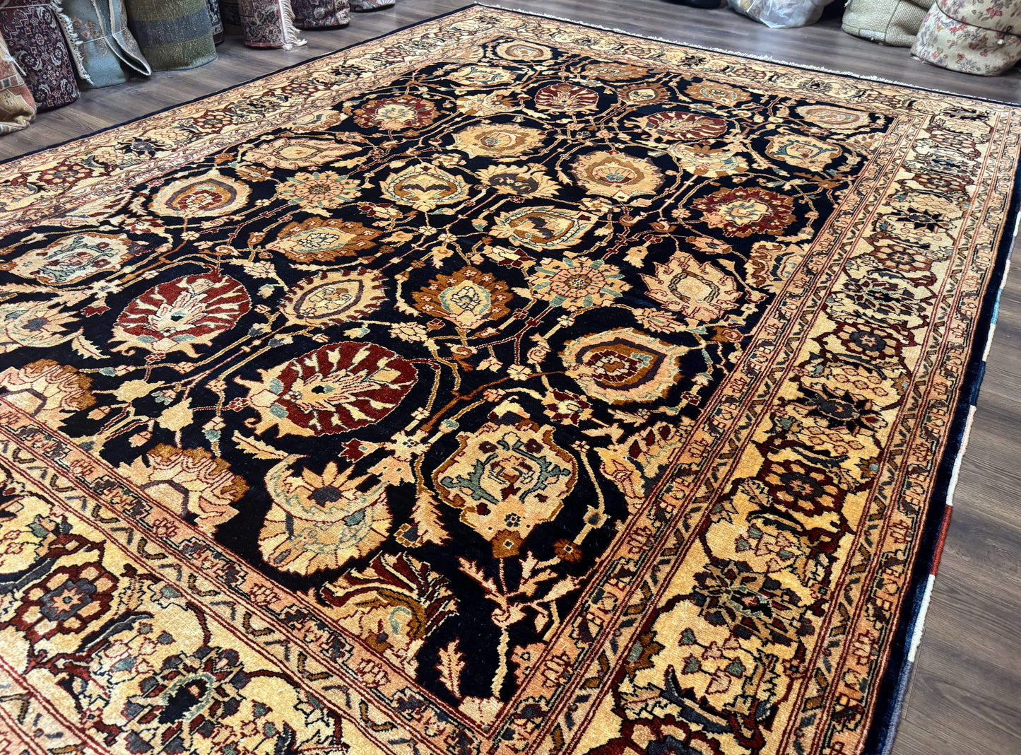 USED Pak Persian Bidjar Rug 10x13, Midnight Blue and Tan Pakistani Carpet