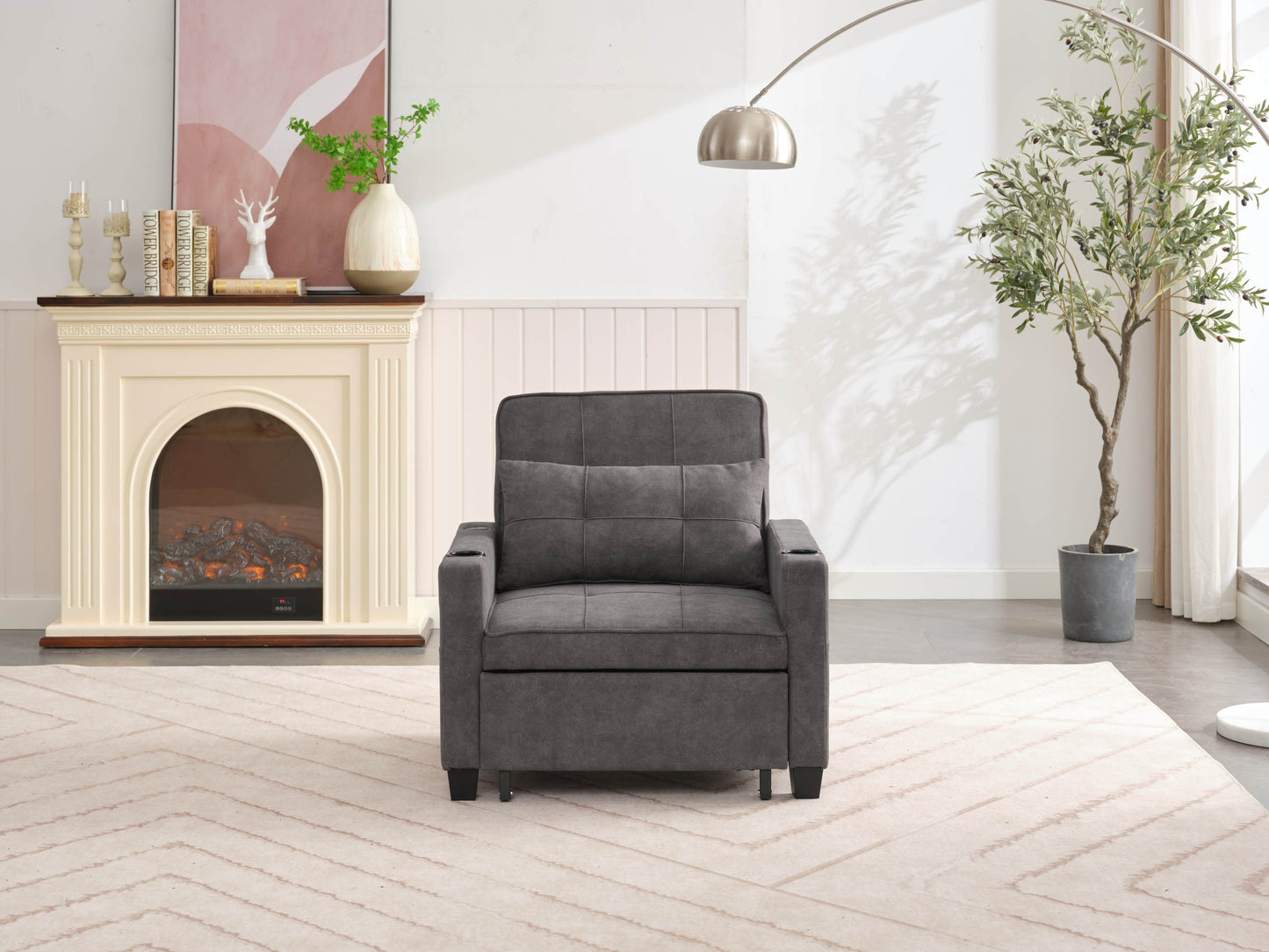 NEW Dark Grey Futon Bed Convertible Chair 3-in-1 Pull Out Sleeper Sofa with USB Ports