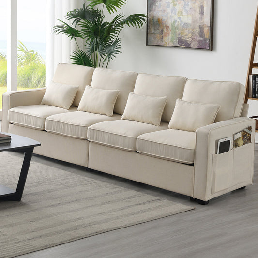 NEW 104' Four Seater Modern Linen Fabric Sofa Couch with Armrest Pockets and 4 Pillows