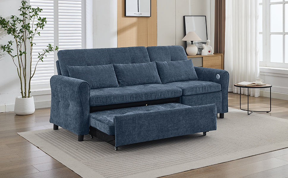 NEW 2-in-1 Sofa 82' Three-seater Sofa with Sofa Bed and Reversible Recliner, Blue Chenille