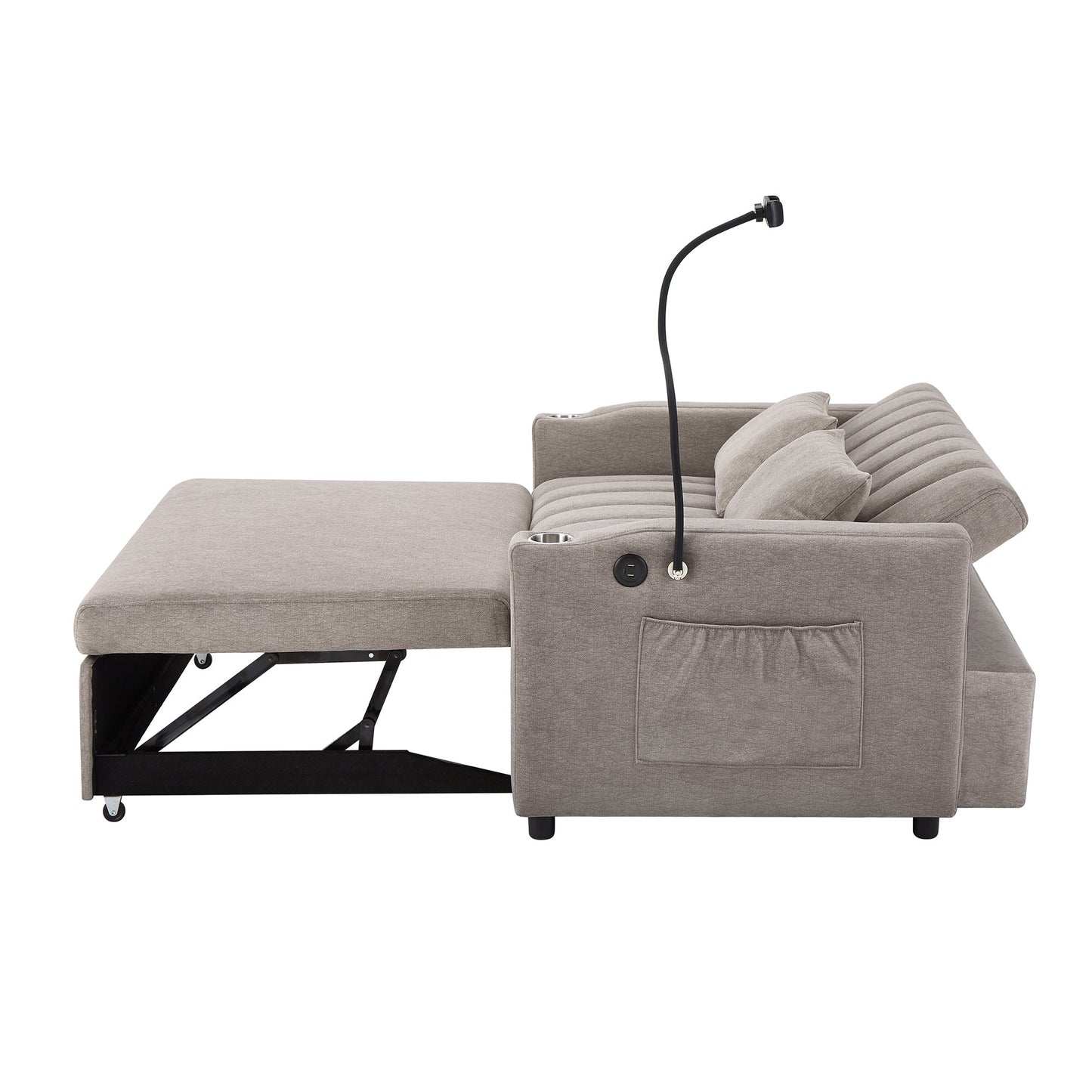 NEW Convertible Sofa Bed Loveseat with USB Ports, Side Pockets, Cup Holders & Swivel Phone Holder, Light Grey Bella Fabric