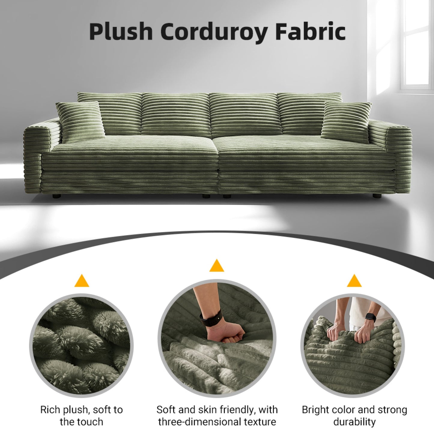 NEW 102.4 ' Plush Corduroy 4-Seat Sofa,Modern Comfy Upholstered Sofa Cloud Couch,Deep Seat Couches with Soft Pillows,Convertible Deep Seat Sofa Lounge Chair for Living Room Bedroom,Apartment,Office,Green