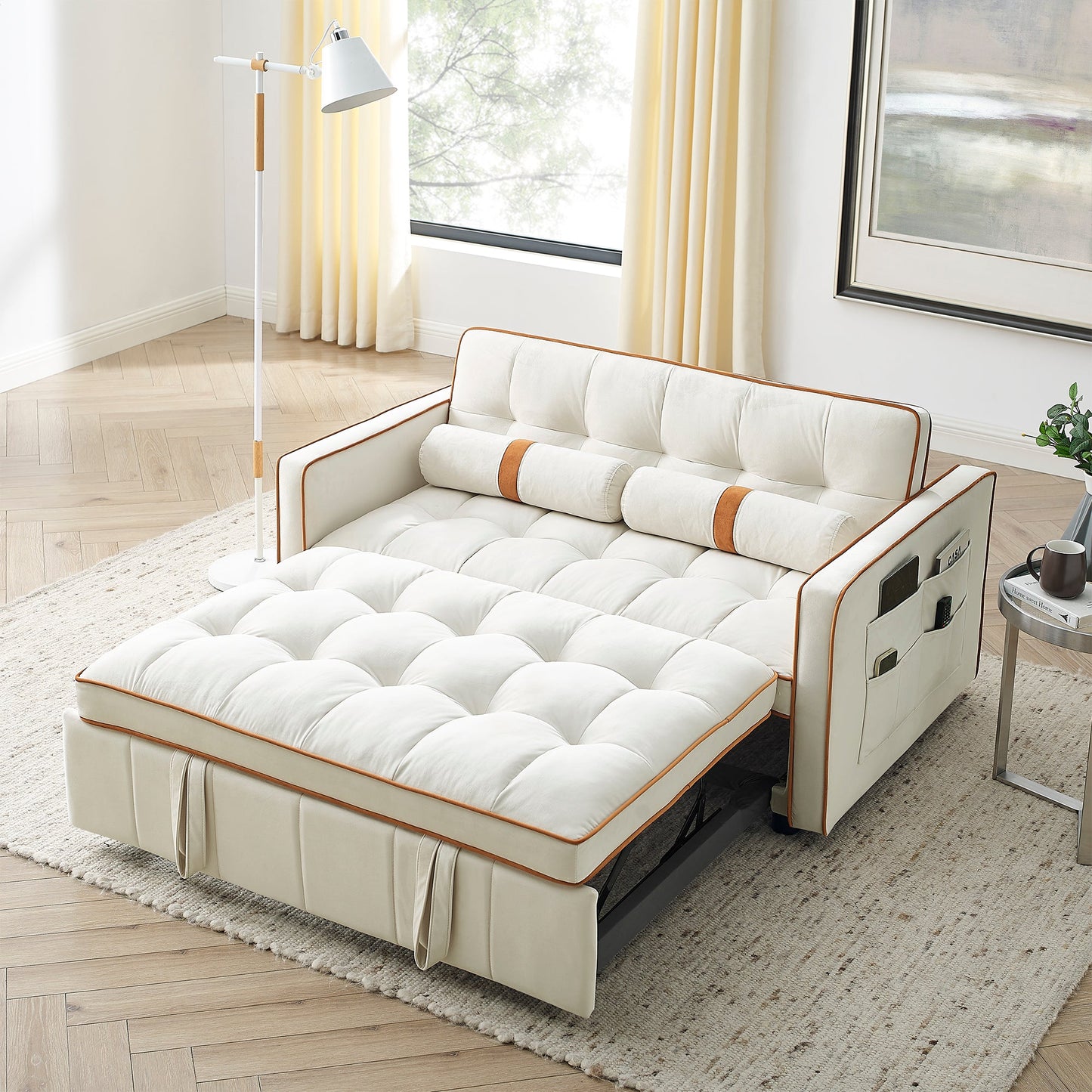 NEW Modern 55.5' Pull Out Sleep Sofa Bed 2 Seater Loveseats Couch with Side Pockets and Adjustable Backrest