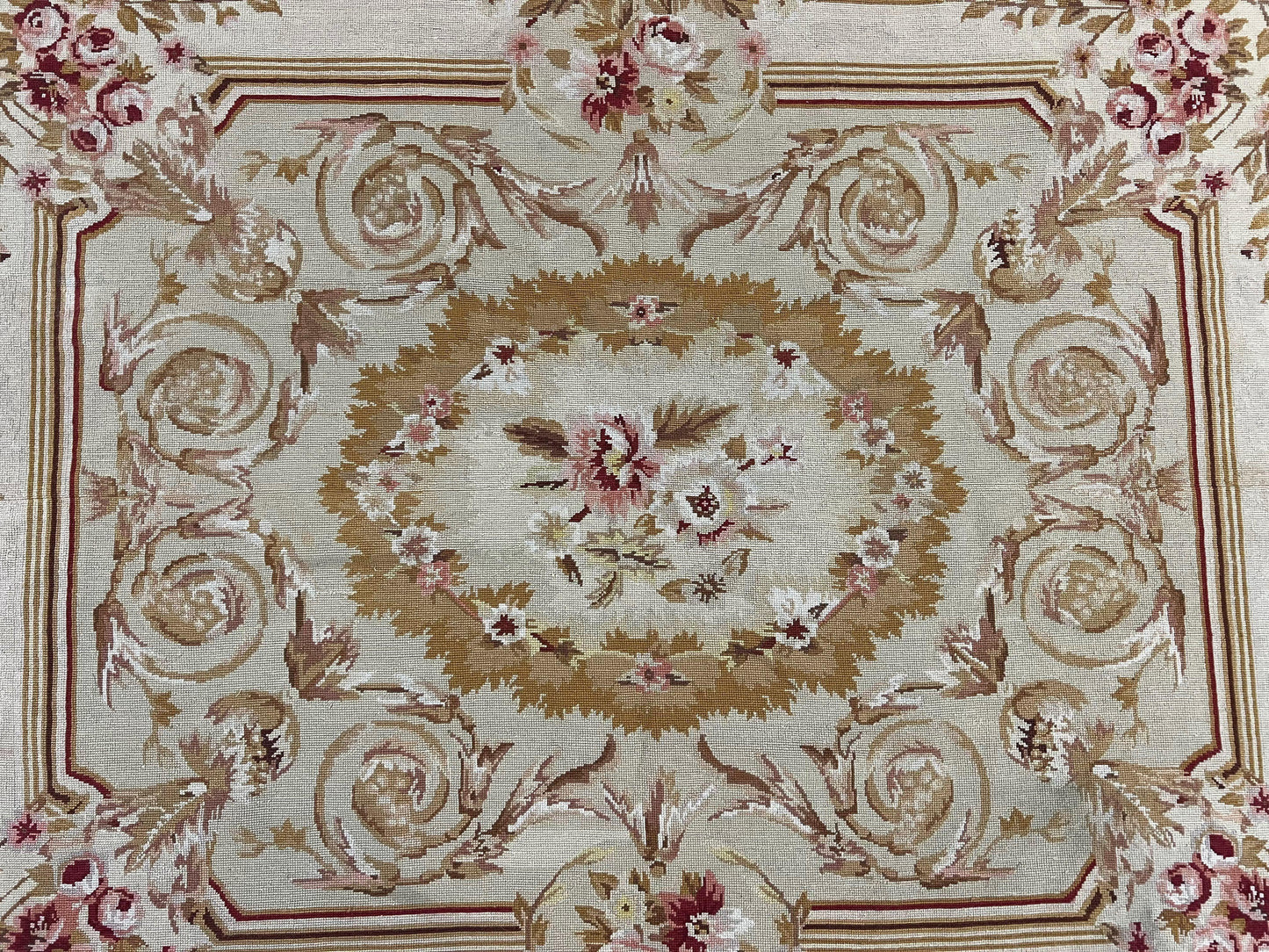 USED Aubusson Needlepoint Rug 4x5 ft, Beige and Tan, Aubusson Savonnerie Vintage Carpet, Handwoven Handmade Wool Rug, European Design Floral Rose