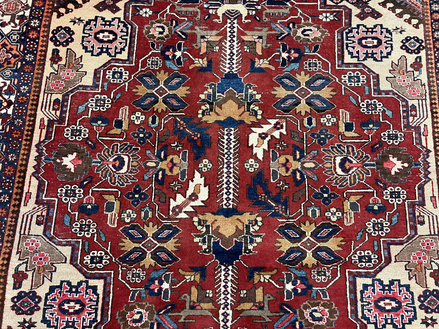 USED Antique Persian Heriz Rug 8x12 ft, Geometric Tribal Room Sized Carpet, Camel Hair Red Navy Blue, Wool Hand Knotted Medallion Oriental Carpet