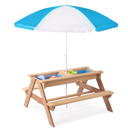 NEW 3-in-1 Kids Outdoor Cedar Wooden Picnic Table With Umbrella Convertible Sand Box And Water Kettle